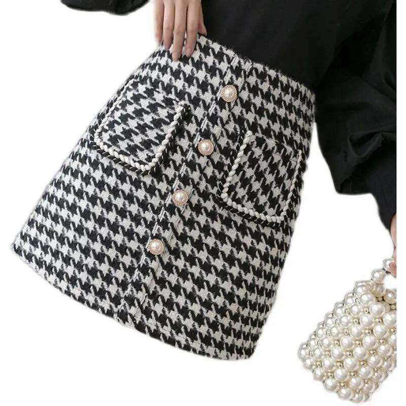 2025 New Wool Houndstooth Short for Women in Autumn Winter High-waisted Slim and Versatile A-line Hip-pack Skirt Z260314