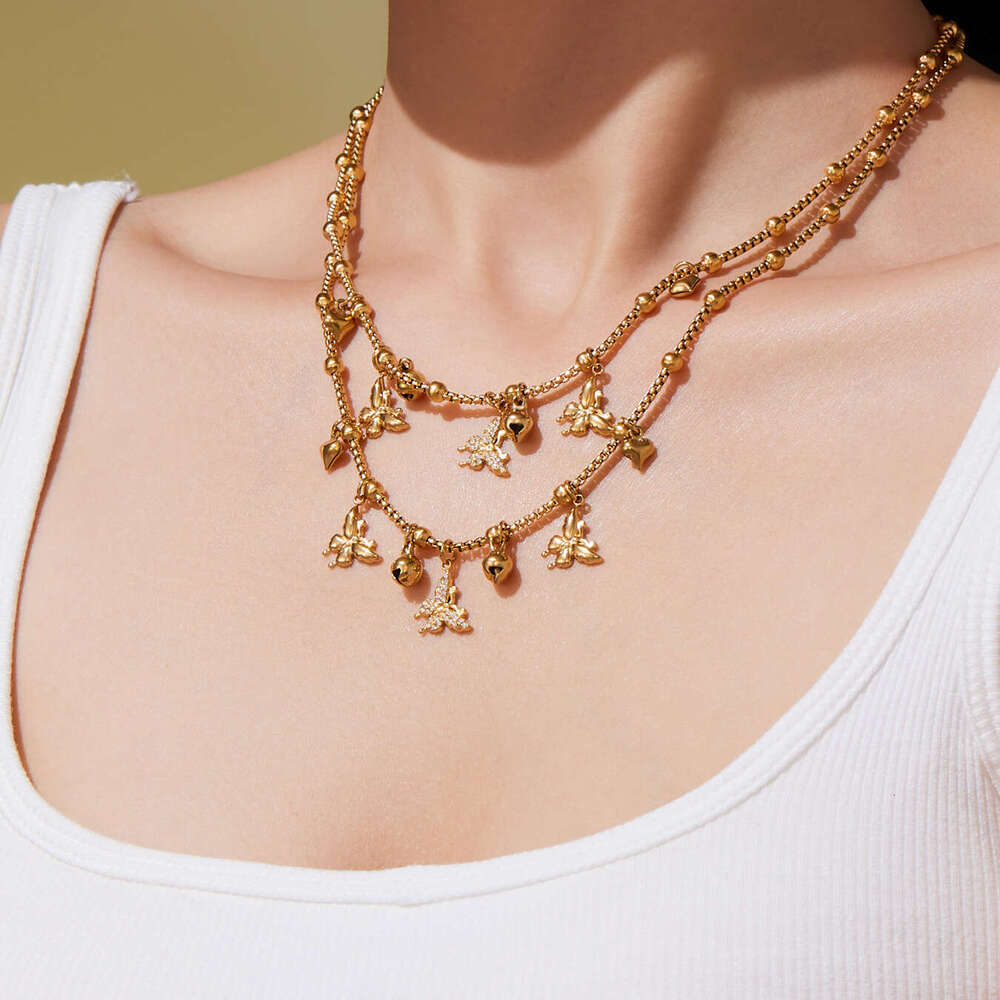 3D Butterfly Multi-heart Bead Chain Necklace Bracelet Stainless Steel Niche Design New Jewelry Set
