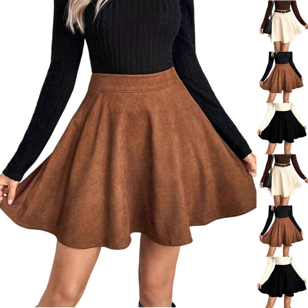 Women's Suede Solid Color High-waisted A-line Skirts Spring and Autumn Fashion Casual Female Skirt Z260314