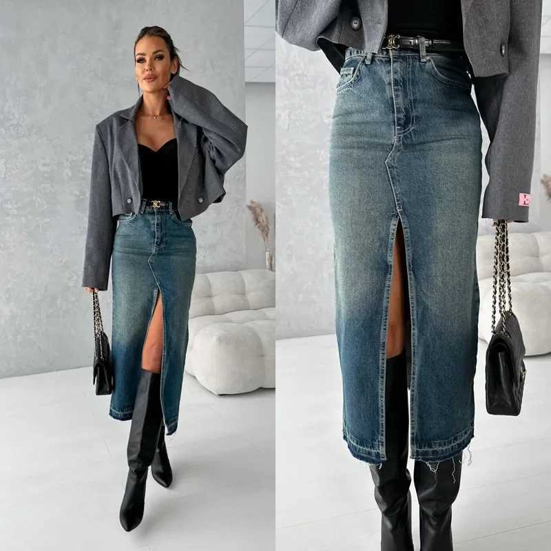 Streetwear Women Vintage Denim Long Skirt Slim High Waist Washed Distressed Button Pockets A Line Casual Female Split Skirts M260314