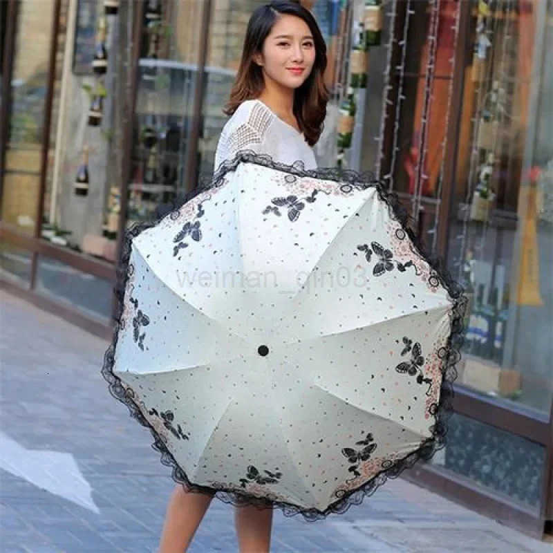 Butterfly Lace Printed Sunshade Umbrella For Both Rain Triple Fold Wind Resistant and Sun ResisTant Black Rubber Umbrella H260314
