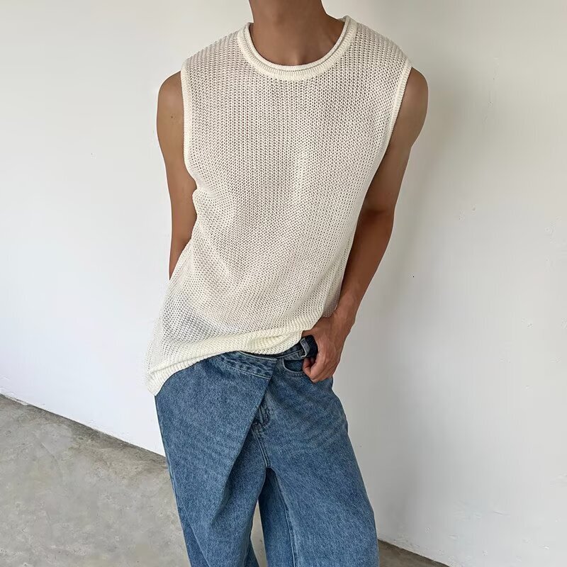 Trendy Hollow Knit Vest Designer Hoodie Polo Designer T-shirt For Men Loose Sleeveless For Summer Korean Style Round Neck Sleeveless Top