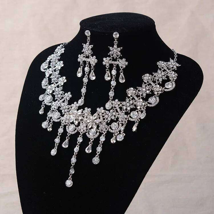 Luxury Silver Color Crystal Flowers Bridal Jewelry Set For Women Statement Necklace Earring Rhinestone Tiara Wedding Accessories Z260313