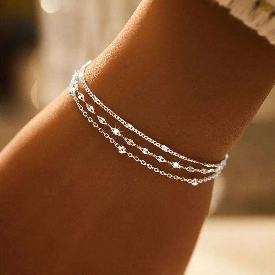 Sparking 925 Sterling Silver Chain Bracelets For Women Luxury Elegant Three Layer Geometric Bead Bracelet Party Wedding Jewelry Z260313