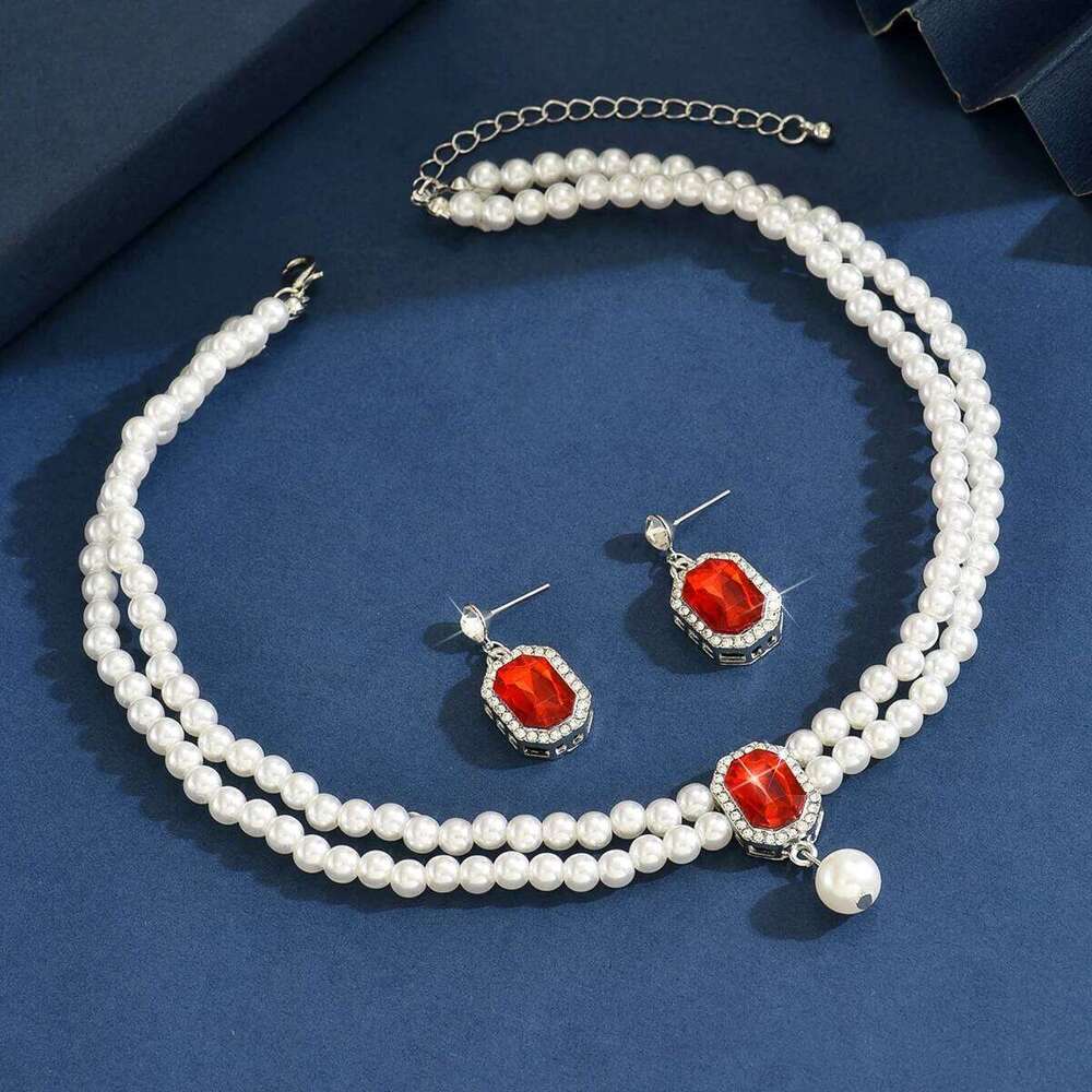 Fashionable double-layer pearl super sparkling geometric set, elegant and high-end jewelry set for women Z260313