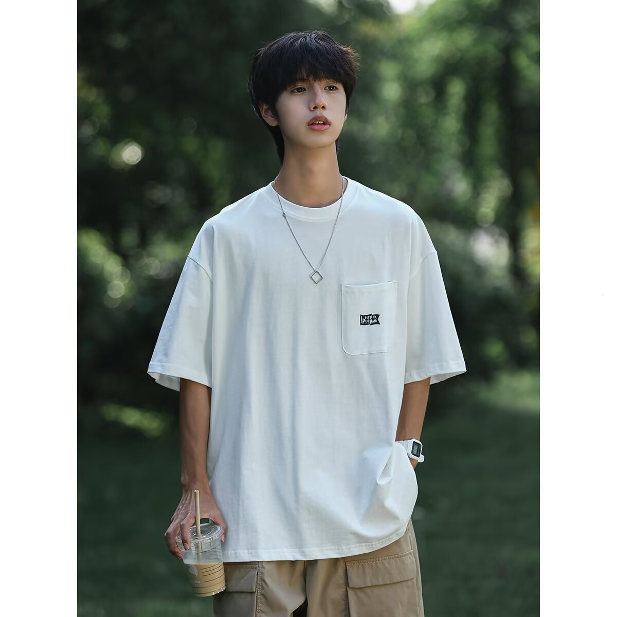 Summer Korean Polo Style Pocket Print Loose Round Neck Casual Designer Hoodie Popular Trendy Fashion Short Designer T-shirt Sleeve Men's
