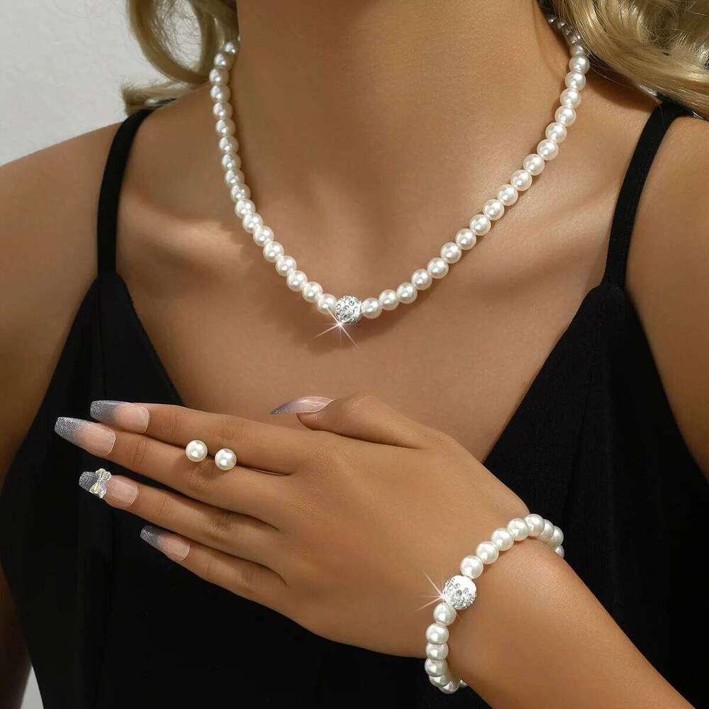 4PC women's pearl rhinestone necklace, bracelet, earring set, jewelry -5042 Z260313