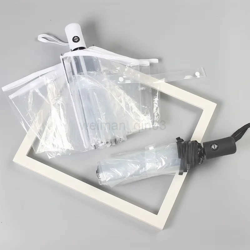 Student minimalist transparent folding umbrella fully automatic transparent three-fold umbrella windproof and rainproof H260314
