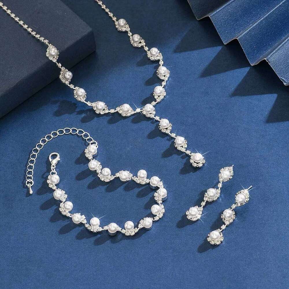 Women Pearl Rhinestone Jewelry Set Necklace Bracelet Earrings Party Prom Evening Fashion Accessories Z260313