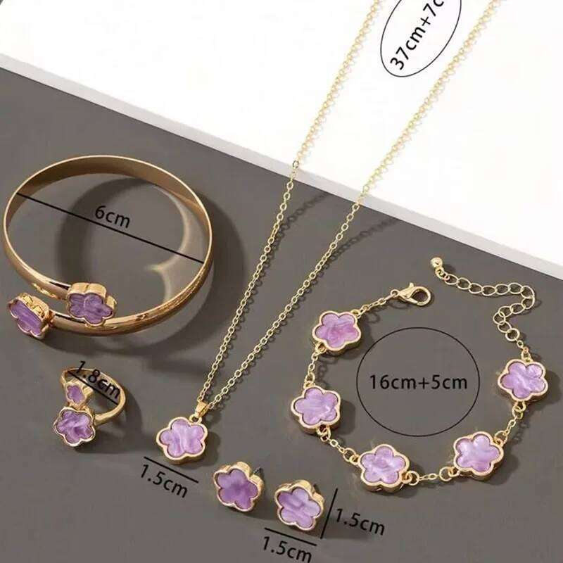 Lucky Purple Five-Petal Flower Clover Earrings Necklace Ring Bracelet Five-Piece Set for Woman Fashionable Party Charm Jewelry Z260313
