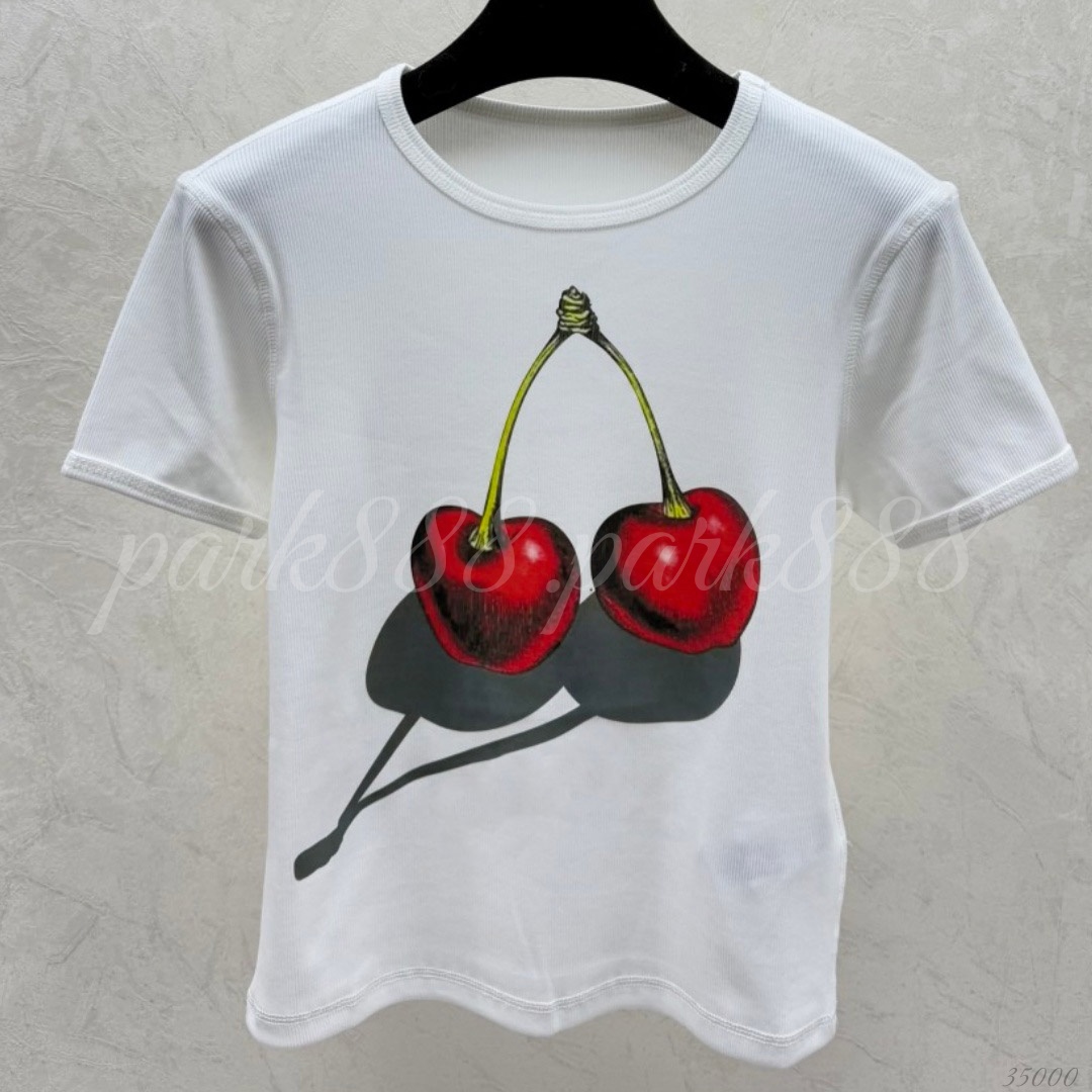 (Order by pic in opt, not by desc) Cherry Print Ribbed Crop T-Shirt, Short Sleeve Crew Neck Casual Tee for Summer Daily Wear