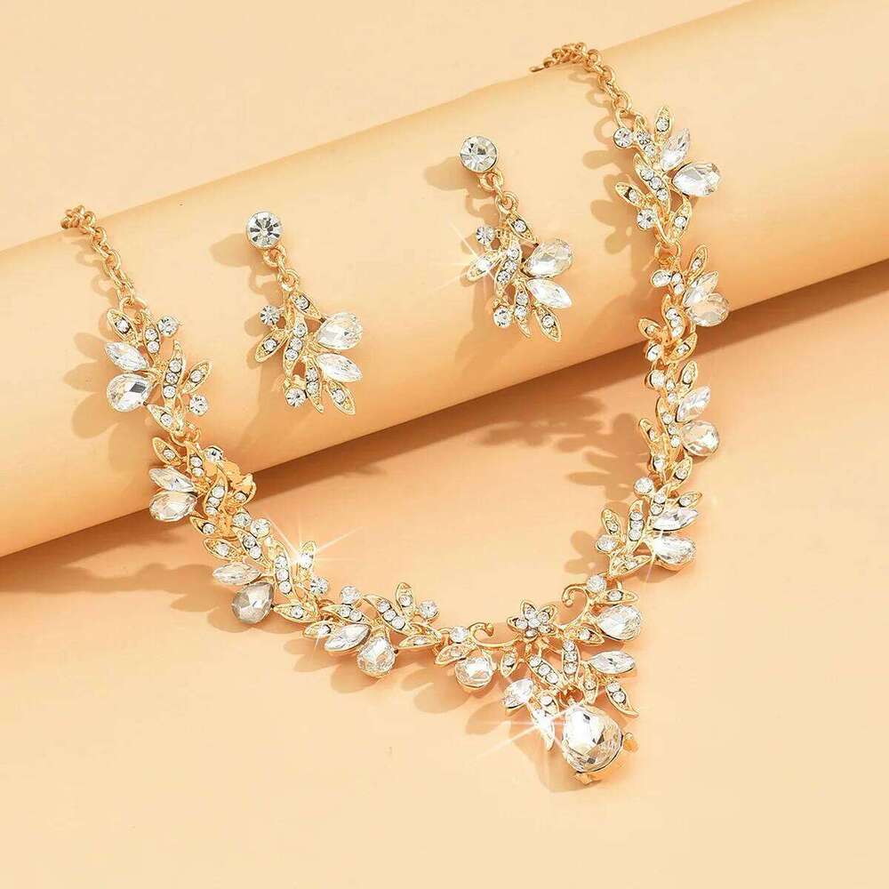 Vintage Gold Crystal Jewelry Set Necklace Earrings Sparkling Statement Accessories for Wedding Prom Party Z260313