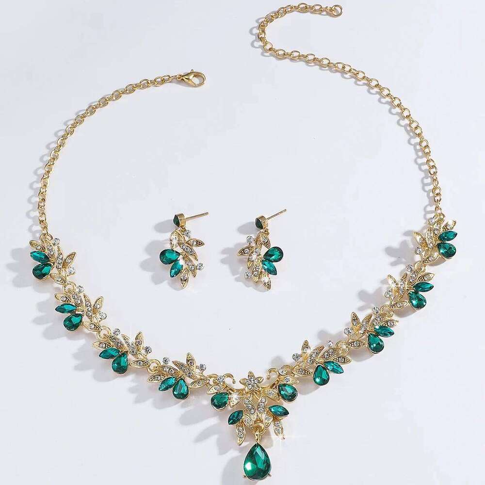 Emerald Green Crystal Jewelry Set Bridal Necklace Earrings 2Pcs Gold Plated Leaf Water Drop Pendant for Wedding Party Evening Dr Z260313