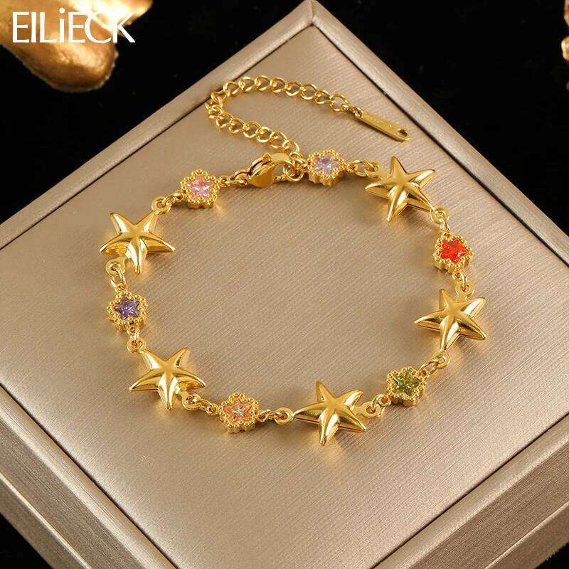 EILIECK 316L Stainless Steel Colorful Star Zircon Charm Bracelet Gold Color Jewelry Trendy Metal Texture Accessories for Women Z260313