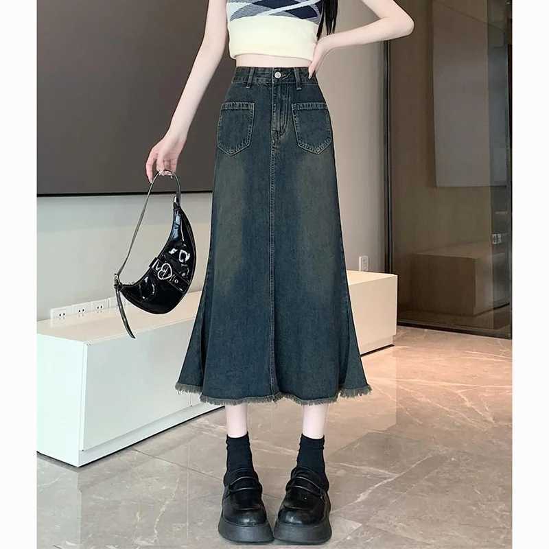 Summer Women High Waist Slim Fit Jeans Skirts s Classic Thin Mid-Long Skirts Lady Chic Korean Raw Edge Denim Dress M260314