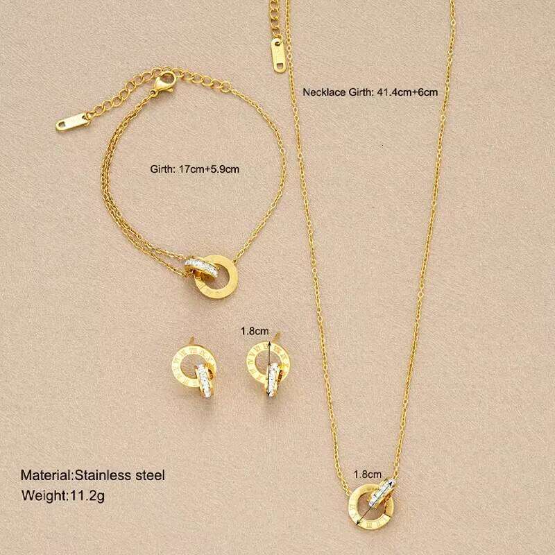 4Pcs/Set Stainless Steel Crystal Necklace Bracelet Earrings for Women Gold Color Interlocking Circles Roman Numbers Jewelry Sets Z260313