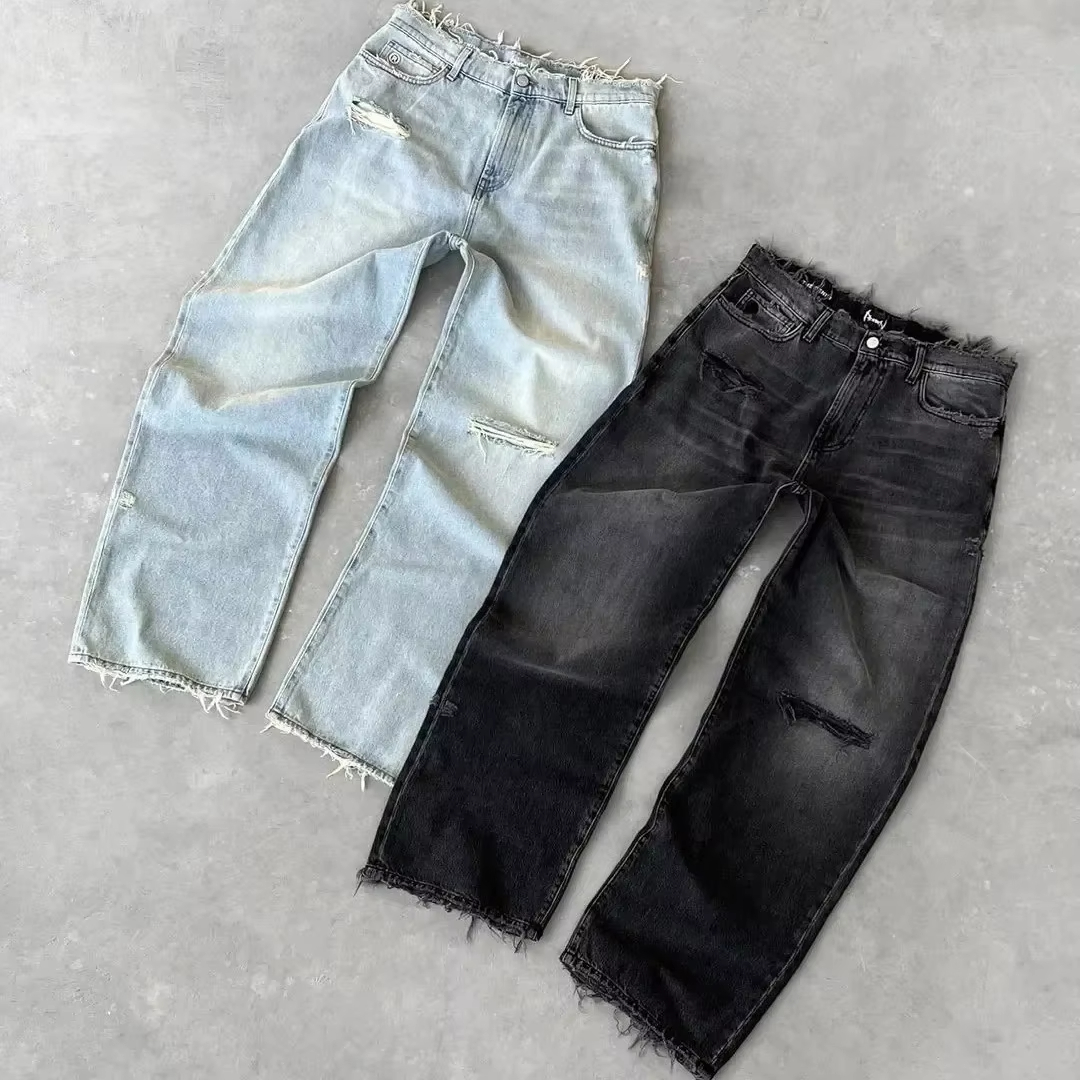 Straight Jeans Distressed Men Jean Ripped Holes Washed Denim Pants Ankle Length Loose Solid Zipper Fly Pockets Casual