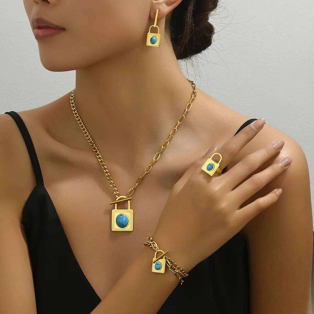 5pcs Elegant Vintage Jewelry Set for Women Fashion Lock Shape Necklace Inlaid Turquoise Choker Bridal Wedding Bracelet Party Z260313