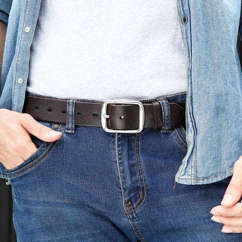 Belt leather needle layer genuine cowhide stainless steel buckle men's youth casual handmade jeans belt Z260226