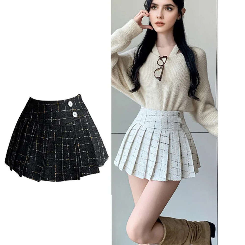 College Style Tweed Plaid Vintage Jk Mini Skirt For Women Autumn Winter Office OL Pleated Short Skirts Lady Z260314
