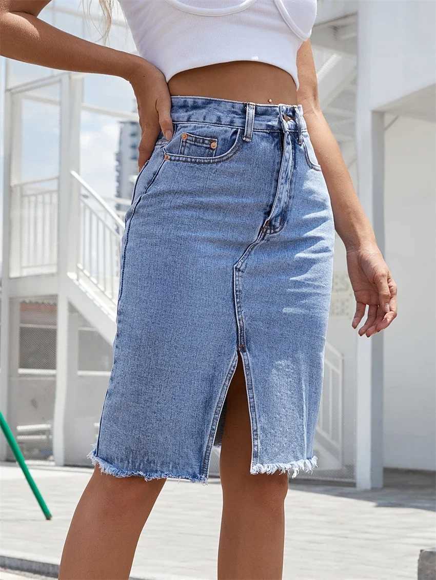 Womens Front Slit Blue Denim Skirt Pockets High Waist Slim Zipper Fly Midi Skirts 2023 Spring Female Casual Streetwear M260314