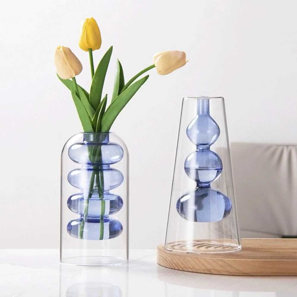 Simple Double-layer Glass Vase for Flower Arrangement Hydroponic Green Plant Vase Wedding Living Home Office Table Decor Y260314
