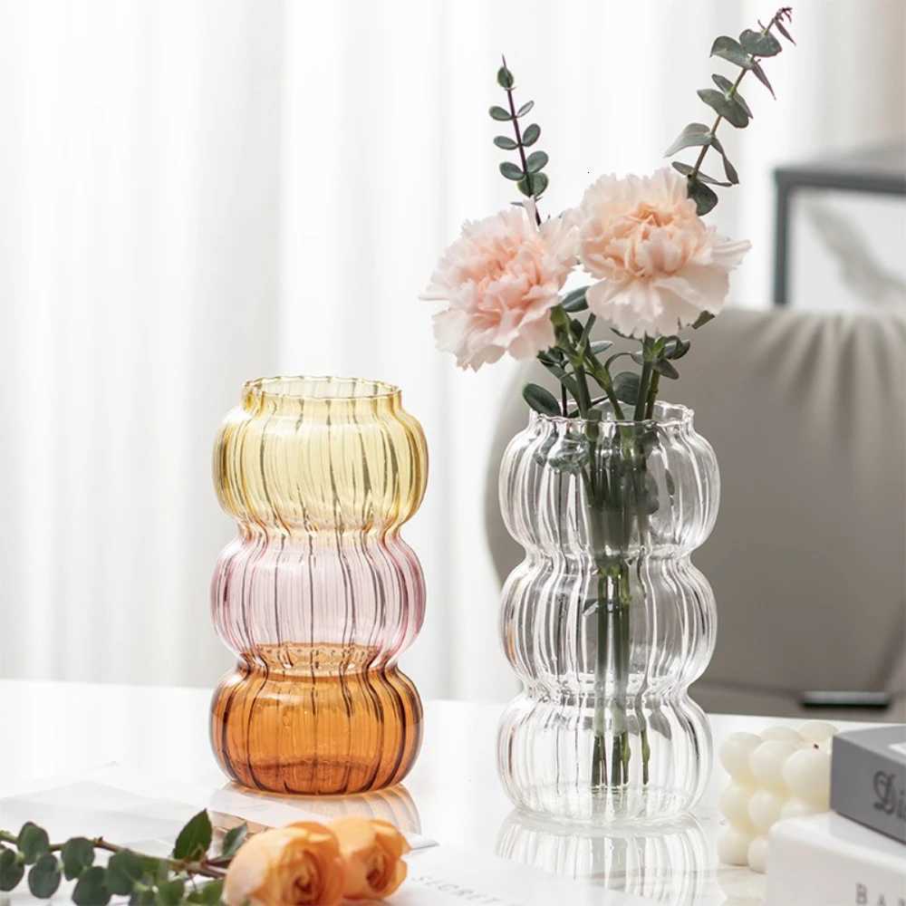 Simple Transparent Glass Vase with Vertical Patterns Office Desktop Surface Green Plants Hydroponic Flower Arrangement Y260314