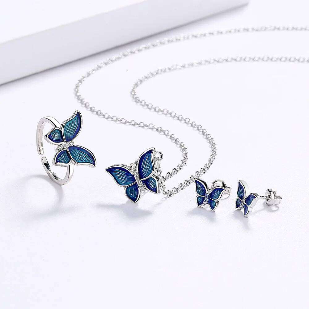 925 Sterling Silver Creative Micro-Enamel Blue Butterfly Wings Necklace Three-piece Jewelry Women's Suit Party Birthday Gift Z260313