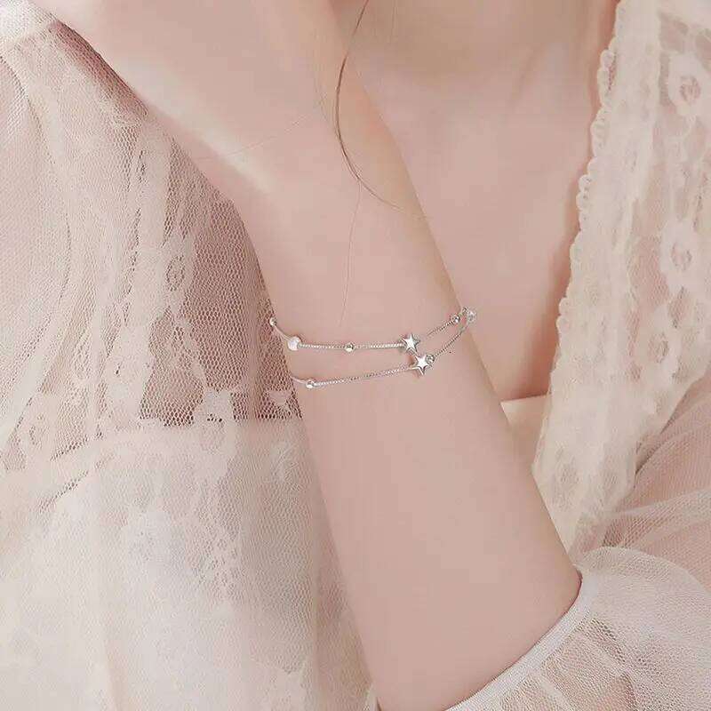 925 Sterling Silver Double Star Frosted Beads Bracelet Ladies Stylish Simple Birthday Wedding Anniversary Jewelry Gift Z260313