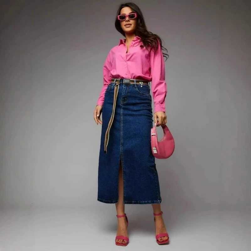 Denim Skirt Women A Line Zipper Button Long Skirts Solid Pockets Casual High Waist Lady Elegant Streetwear Regular Autumn 2025 M260314