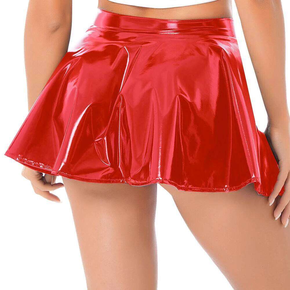 Fashion Short Women Patent Leather Wet Look Flared Mini Skirt Ladies Casual Daily Skirts Cosplay Costume Z260314