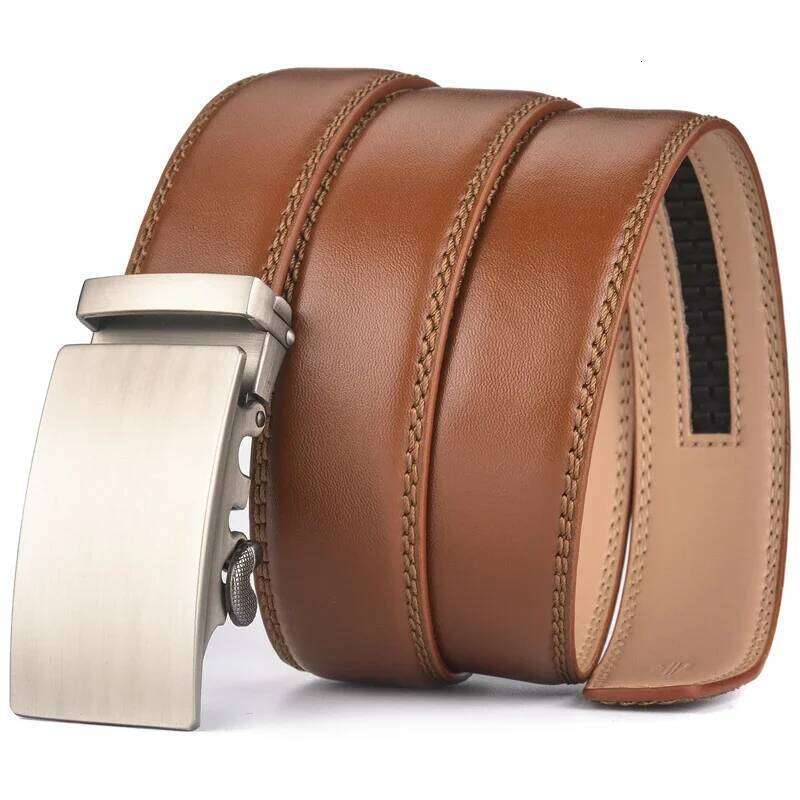 Plyesxale Brown Leather Men 2024 Automatic Buckle Belt For Jeans Vintage Style Mens Belts Luxury Ceinture Homme B9 Z260226
