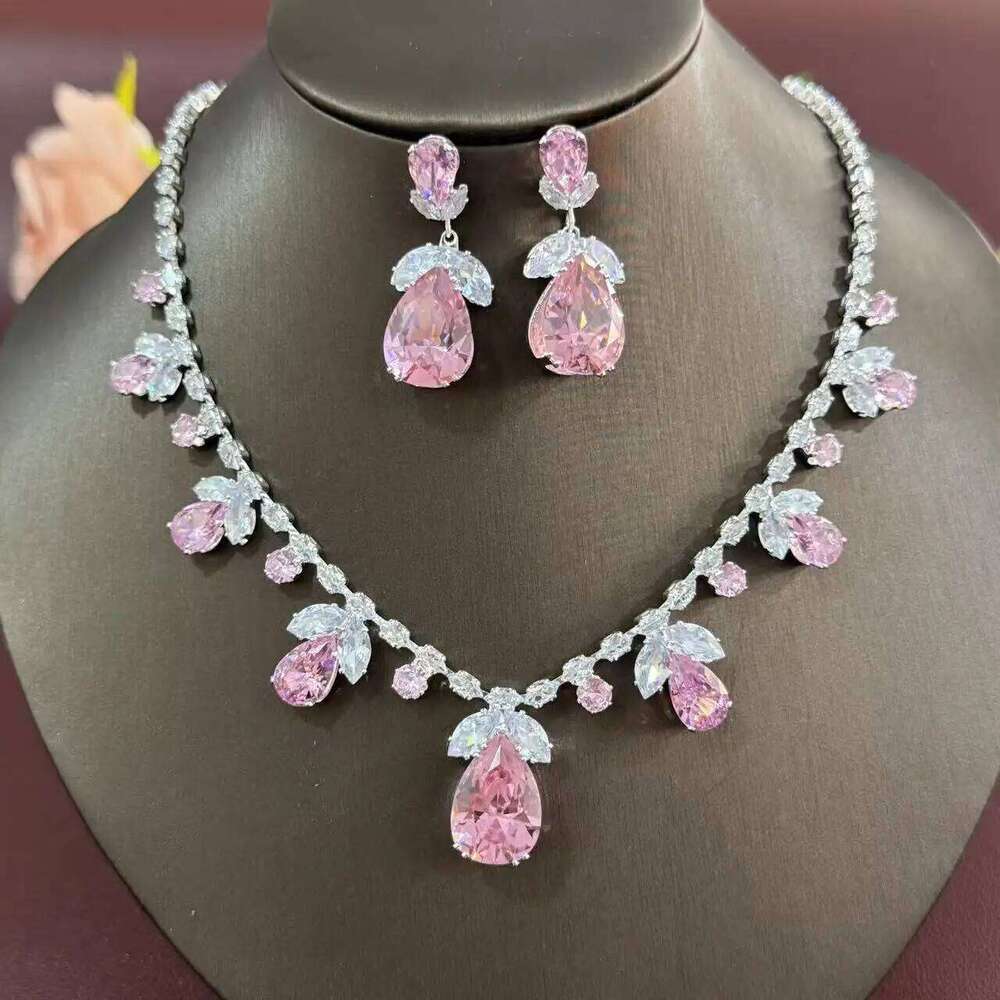 3PCS universal fashion trend zircon luxury necklace earrings pink tulip suit ins live burst wear skirt Z260313