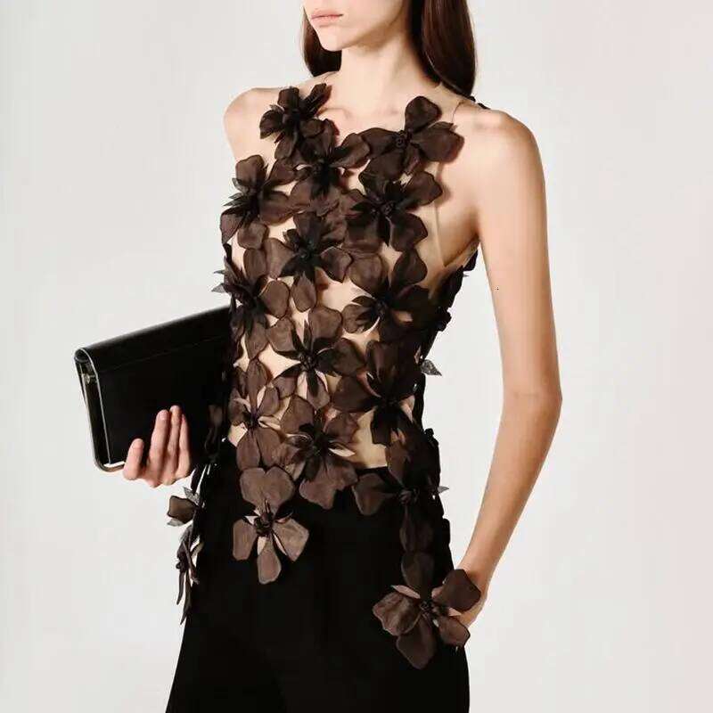 Gestring Women Tank Tops Spring Summer New Fashionable Mesh Flower Stitching Sleeveless Vest All Match Slim Ladies Camis MAKOUFEI