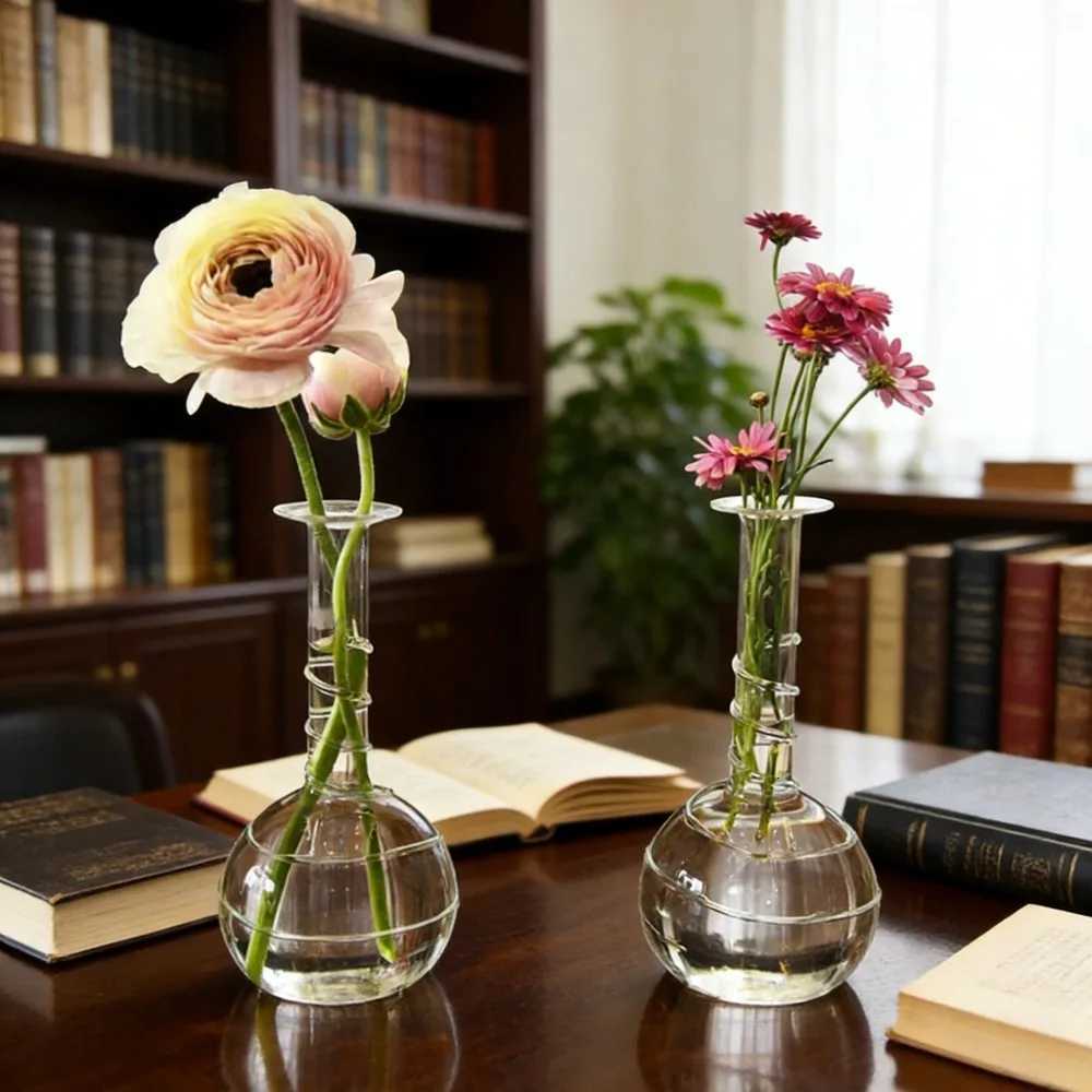Transparent Glass Vase Decoration Desktop Simple Water Nourishing Vase Fresh Flowers Fine Mouthed Vase Living Room Decoration Y260314