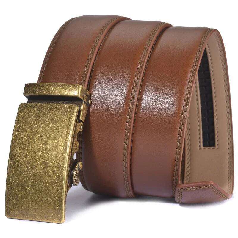 Plyesxale Brown Leather Men 2024 Automatic Buckle Belt For Jeans Vintage Style Mens Belts Luxury Ceinture Homme B9 Z260226
