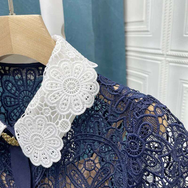 Water Soluble Lace Navy Blue Peter Pan Collar Pocket Buttons Decoration Women Dress High Waist Slim Temperament Pencil Dress Mdng260314 - view 4