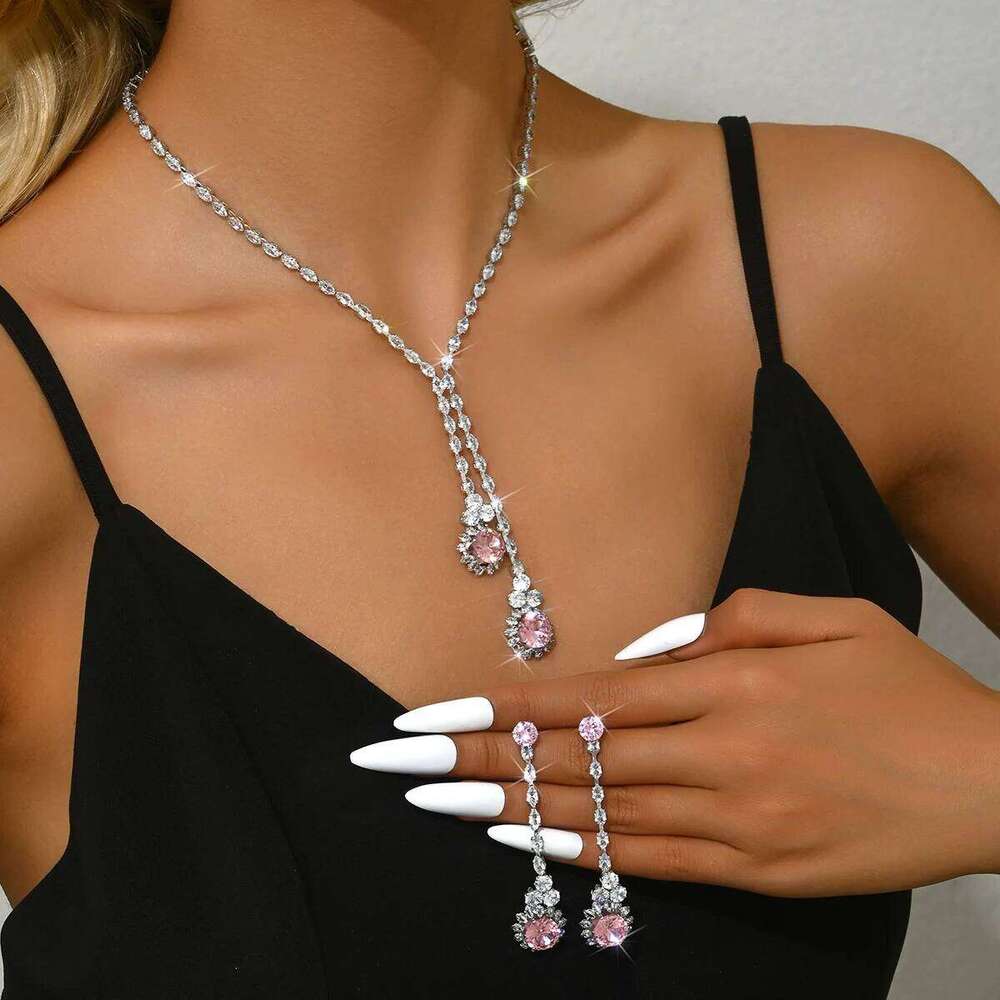 3PC Women's Fashion Zircon Series Pink Flower Necklace Earrings Jewelry Set Suitable for Wedding, Party, Festival Gifts-8582 Z260313