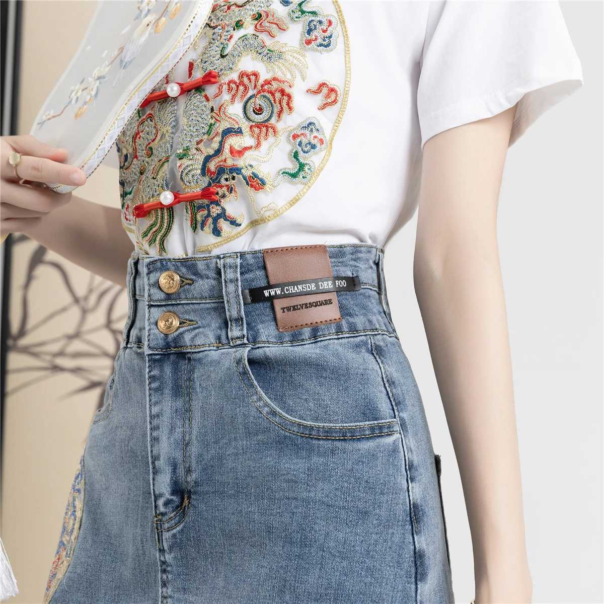 New 2024 Spring Summer Denim Skirt For Women High Waist Embroidery Back Slit Blue Jean Skirts Chinese Style A Line Skirt Women M260314