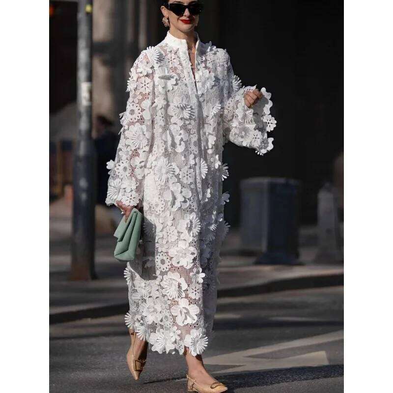 Sexy Women Hollow Out Loose Shirt Elegant Y K D Floral Long Sleeve Single Breasted Embroidery Vacation A Line Dress MAKOUFEI