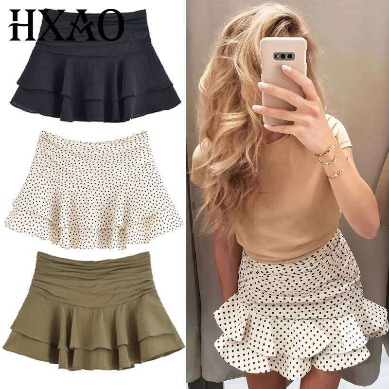 HXAO Women's Polka Dot Layered Summer 2025 Boho Ruffle Mini Skirt Shorts Elegant Female Wrap Pleated Culottes Z260314