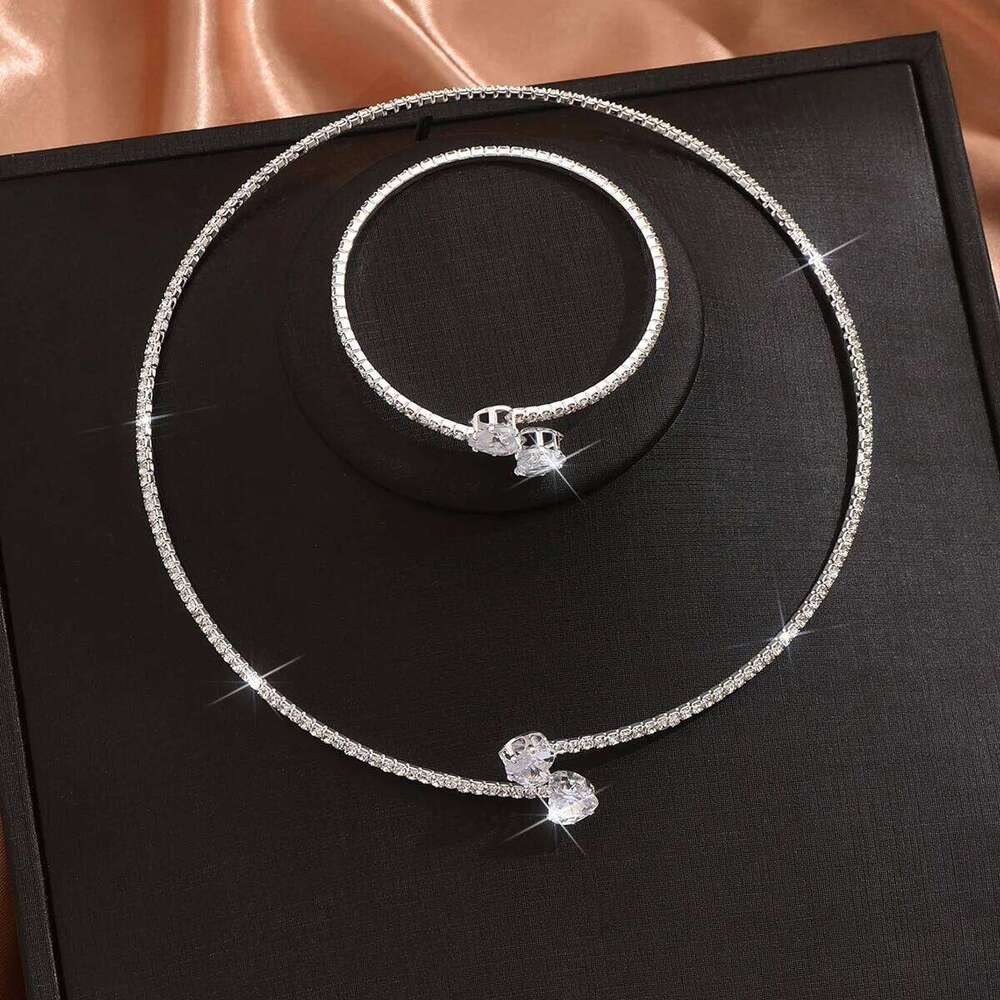 Shiny Crystal Jewelry Women Silver Plated Cubic Zirconia Choker Necklace Bracelet Set Party Evening Fashion Accessories Z260313