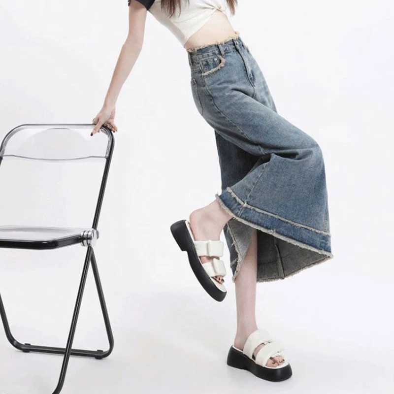 Summer Female Chic Raw Edge Thin Jeans Skirt Lady Retro Blue Mid-Long Dress Women Trendy Solid High Waist Denim Skirt M260314