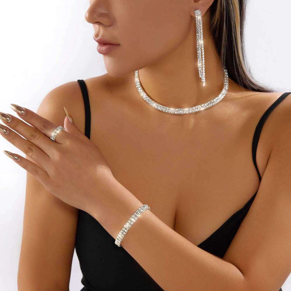 Exquisite Zircon Tennis Bracelet Choker Necklace for Women Full Rhinestone Dangle Earrings and Ring Wedding Party Jewelry Set Z260313