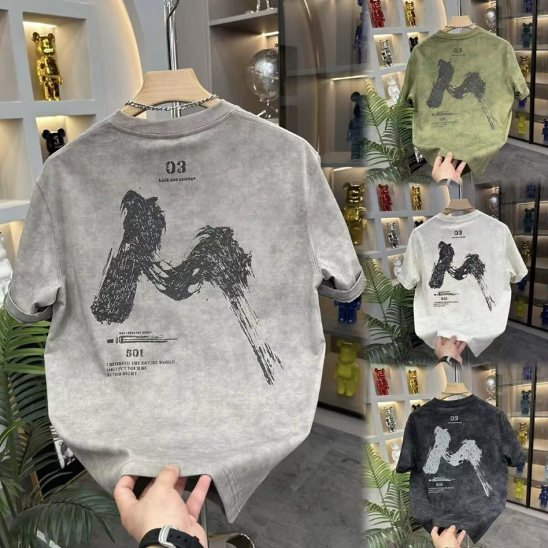 Trendy Letter Designer T-shirt Print American Tiedye Fashionable Ins Polo Shortsleeve Top Summer New Washed Designer Hoodie Shortsleeve For Men