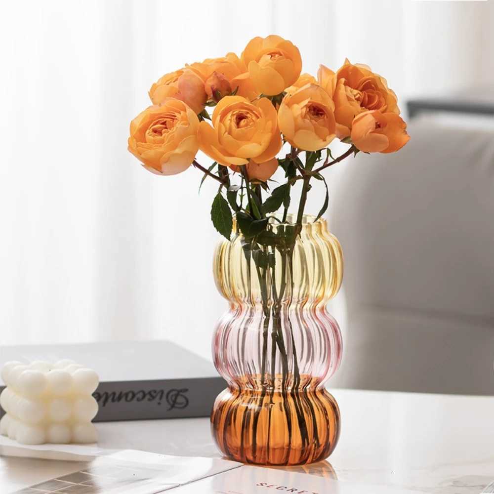 Simple Transparent Glass Vase with Vertical Patterns Office Desktop Surface Green Plants Hydroponic Flower Arrangement Y260314