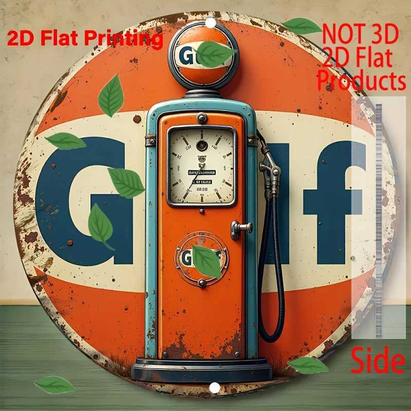 Vintage Durable Waterproof 8x8 Inch Round Aluminum Wall Art - 2D Flat Gas Pump Metal Sign with Classic Car Design D260314