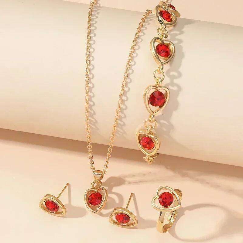 5 PCS/Set Fashionable Elegant Gold Rhinestone Heart Shaped Decorative Jewelry Earrings Necklaces Bracelets Ring Combinations Z260313
