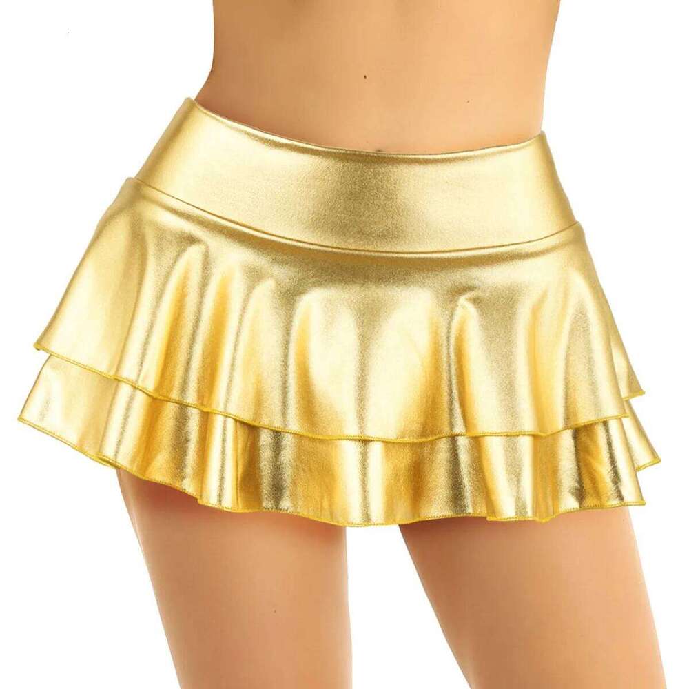 DPOIS Women Shiny Metallic Pleated Mini Skirt Adult Low Rise Elastic Skirts Ruffled Dance Costume Rave Carnival Festival Clothes Z260314