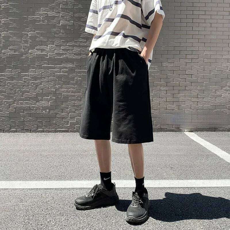 Summer New Y2K Solid Color Cotton Loose Men's Sports Pants Street Wear Simple Drawstring Straight Casual Shorts Male Z260314